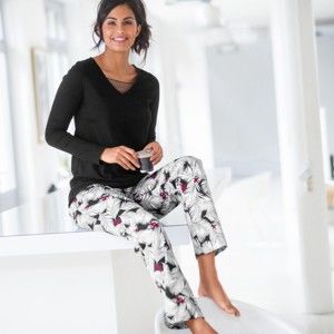 Blancheporte Pyžamo s výstrihom s čipkou a nohavicami so vzorom čierna 50