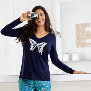 Blancheporte Pyžamové tričko s potlačou motýľa a s dlhými rukávmi nám.modrá 38/40