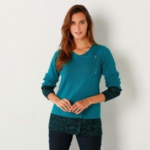 Blancheporte Dvojfarebný sveter paleto smaragdová/čierná 50
