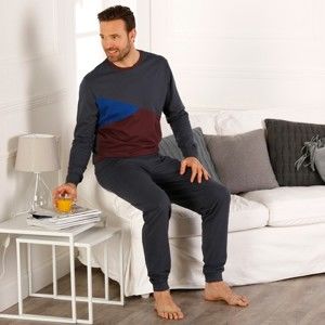 Blancheporte Trojfarebné pyžamo s dlhými rukávmi antracitová/bordó 97/106 (L)