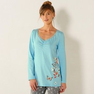 Blancheporte Pyžamové tričko s dlhými rukávmi a stredovou potlačou bledomodrá 34/36