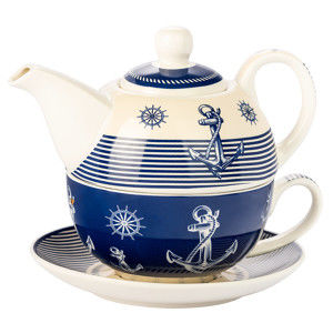 Blancheporte Dizajnová čajová kanvička modrobiela kanvička 400ml + hrnček 340ml