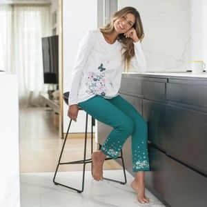 Blancheporte Pyžamové nohavice s kvetinovou potlačou na koncoch nohavíc smaragdová 34/36