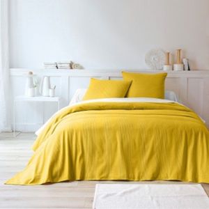 Blancheporte Jednofarebný tkaný prehoz na posteľ, bavlna horčicová obliečka na vankúš 65x65cm