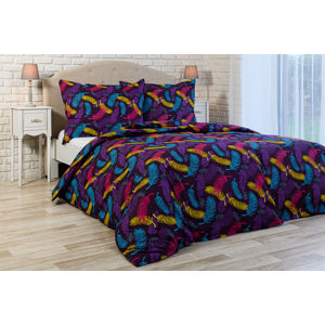 Blancheporte Obliečky Magic Leaves fialová s farebnými pírky jednolôžko 140x200 + 70x90cm