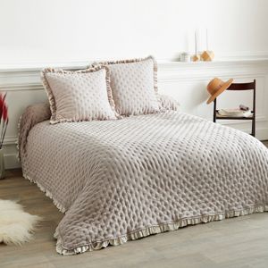 Blancheporte Obojstranná posteľná prikrývka s volánmi hnedosivá/bežová obliečka na vankúš 65x65cm