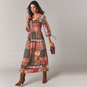 Blancheporte Dlhé šaty v patchwork dizajne karamelová/hrdzavá 40