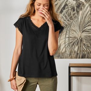 Blancheporte Jednofarebné tričko s macramé, s krátkymi rukávmi čierna 42/44