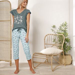 Blancheporte 3/4 pyžamové nohavice s potlačou kvetín morská zelená 42/44