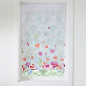 Blancheporte Vitrážová záclona s vyhrnutím, potlač lúčnych kvetov biela/fialová 45x90cm