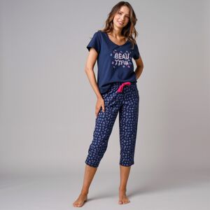 Blancheporte Pyžamové tričko s krátkymi rukávmi a stredovou potlačou "Beautiful" nám.modrá 46/48
