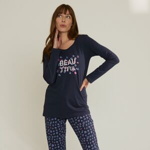 Blancheporte Pyžamové tričko s dlhými rukávmi a stredovou potlačou "Beautiful" nám.modrá 46/48