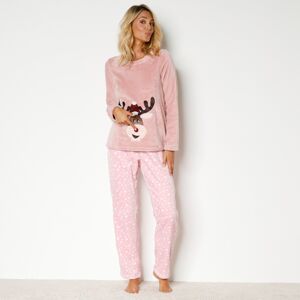 Blancheporte Fleecové pyžamo s dlhými rukávmi s motívom "soba" ružová pudrová 42/44