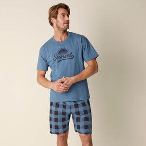 Blancheporte Kockované bavlnené pyžamo s krátkymi rukávmi a šortkami modrosivá 77/86 (S)