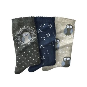 Blancheporte Súprava 3 párov ponožiek s motívom "sovy" sivý melír/nám.modrá 39/42